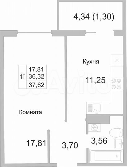 1-к. квартира, 37,6 м², 4/9 эт.