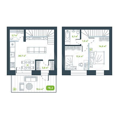 2-к. квартира, 78,2 м², 1/2 эт.