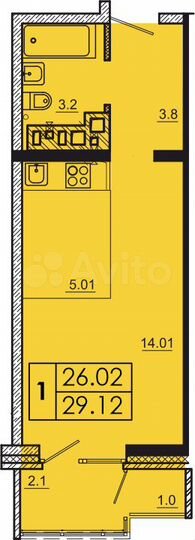 1-к. квартира, 29,1 м², 9/16 эт.