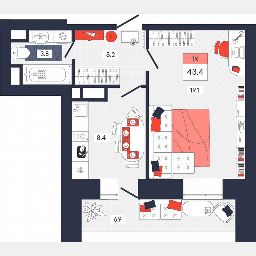 1-к. квартира, 43,4 м², 8/9 эт.
