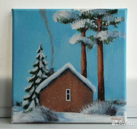 Мини картина с зимним домиком, 20х20, акрил, холст