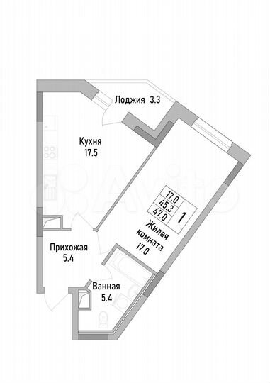 1-к. квартира, 47 м², 6/17 эт.