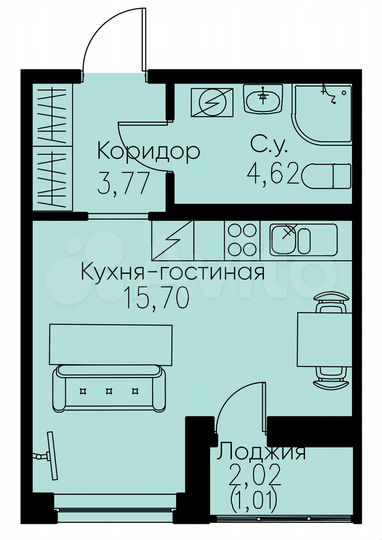 Квартира-студия, 25,1 м², 2/12 эт.
