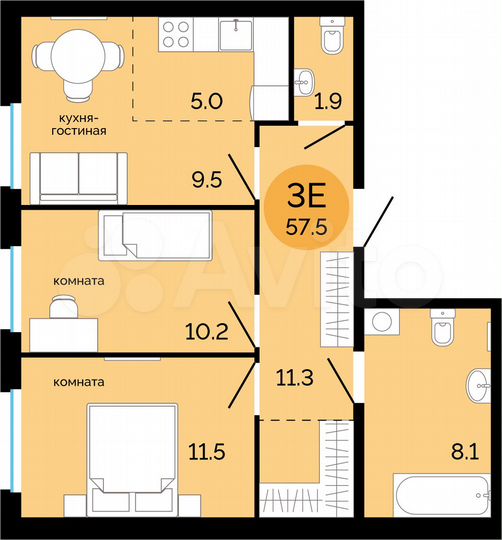 3-к. квартира, 57,5 м², 2/17 эт.