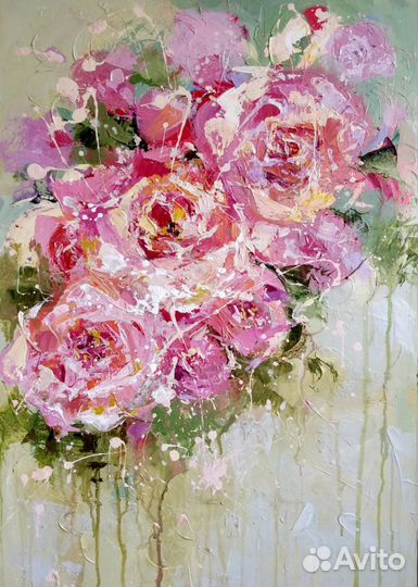 Картина маслом розовые розы абстракция