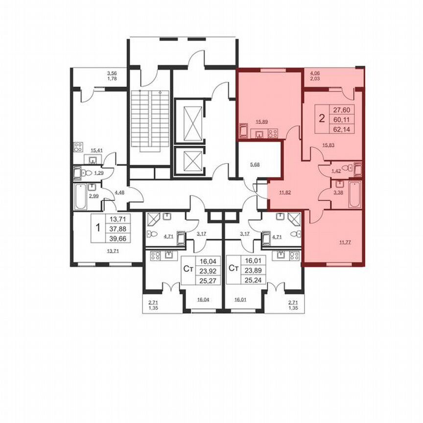 2-к. квартира, 62,1 м², 13/19 эт.