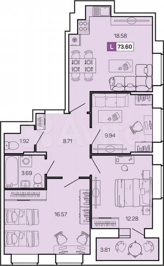 3-к. квартира, 73,6 м², 8/9 эт.
