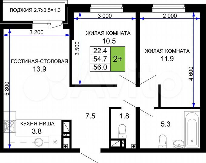 2-к. квартира, 56 м², 12/16 эт.
