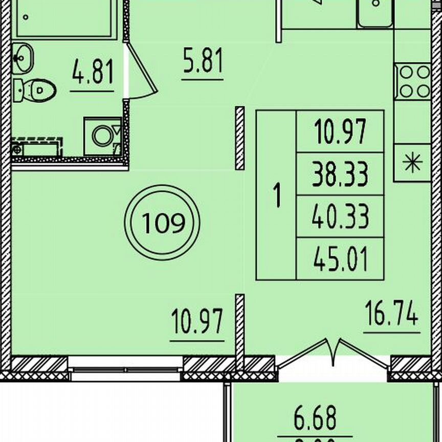 1-к. квартира, 38,3 м², 1/4 эт.