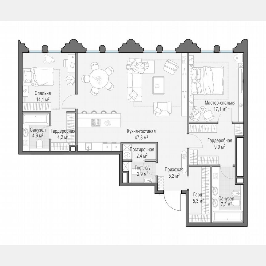 2-к. квартира, 119,8 м², 9/13 эт.