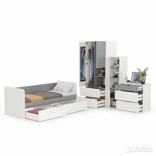 Мебель детская Торонто компоновка № 26, цвет белый шагрень/стальной серый, спальное место 800х1900 м