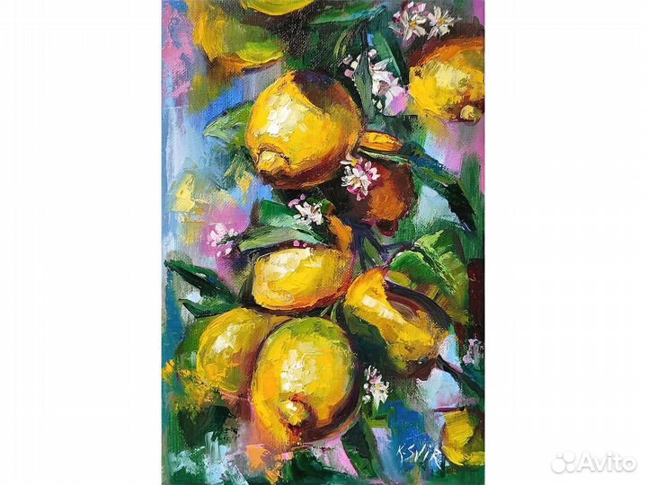 Картина лимоны на ветке маслом на холсте, фрукты