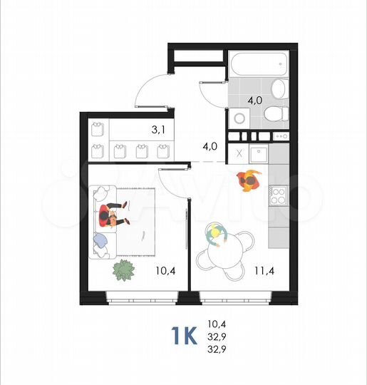 1-к. квартира, 32,9 м², 4/6 эт.