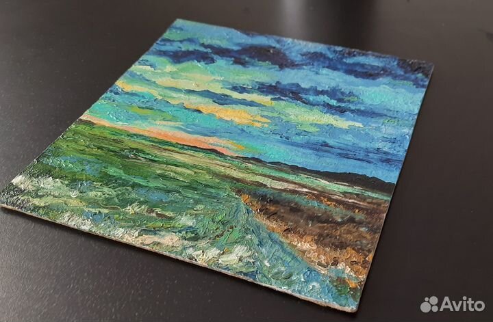 Пейзаж в синих тонах. Небольшая картина 20х20см