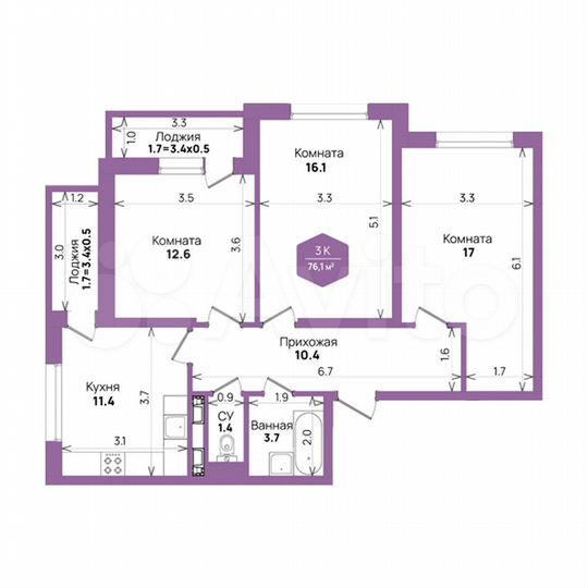 3-к. квартира, 76,1 м², 9/22 эт.