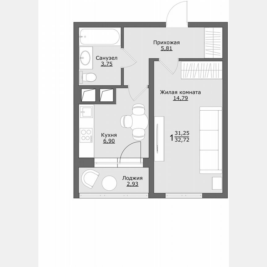 1-к. квартира, 32,7 м², 2/9 эт.