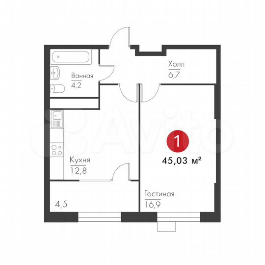 1-к. квартира, 45 м², 2/19 эт.