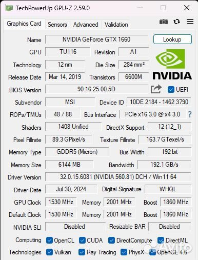 Видеокарта PCI-E MSI GeForce GTX 1660 gaming X