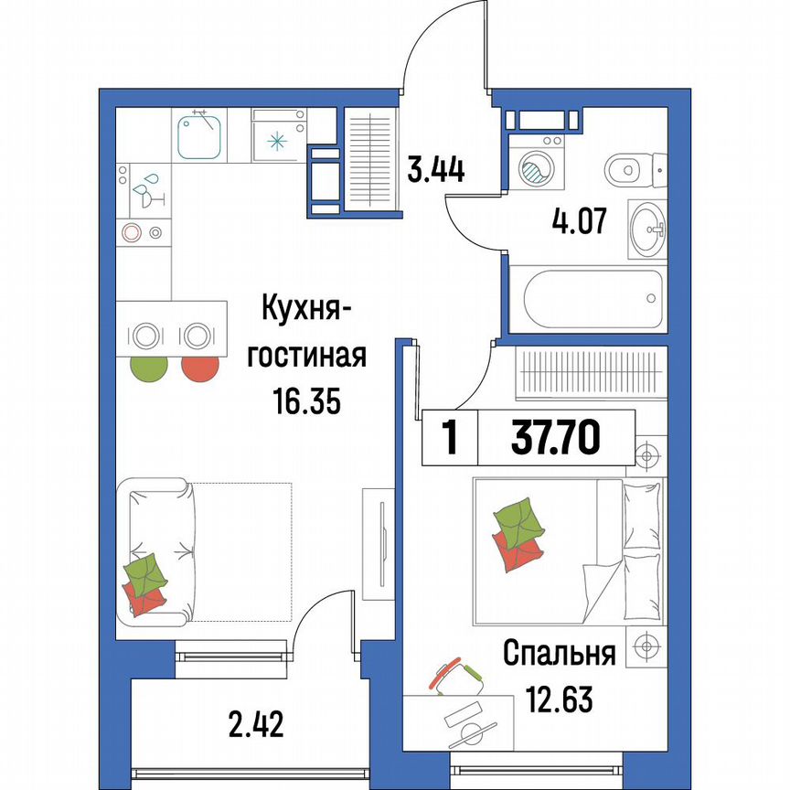 1-к. квартира, 37,7 м², 4/16 эт.