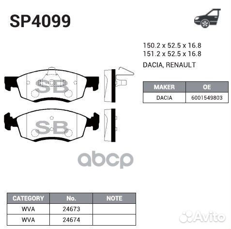 SP4099 колодки дисковые передние Dacia Logan