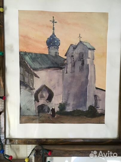 Акварель в деревянной раме под стеклом 60-е годы