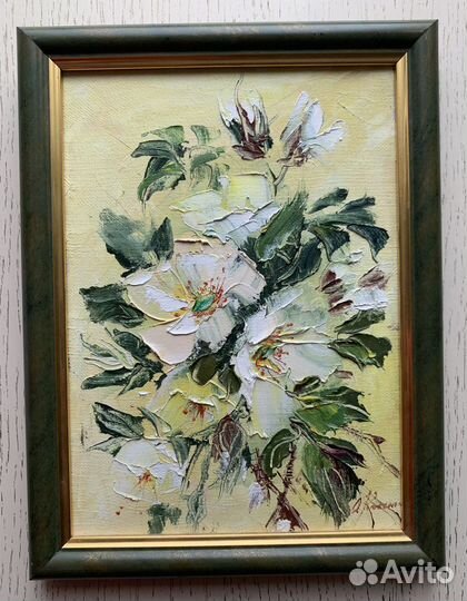 Картина маслом «Белый шиповник»