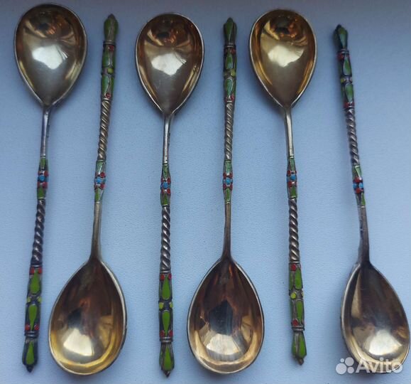 Серебряные ложки 84 позолота эмаль клеймо гб