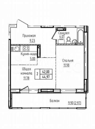 2-к. квартира, 45 м², 4/17 эт.