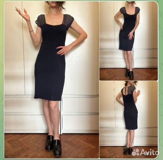 Черное платье синее сетка в горошек кардиган