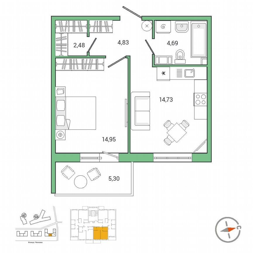 1-к. квартира, 43,5 м², 7/9 эт.