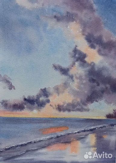 Закат на море. Картина акварелью