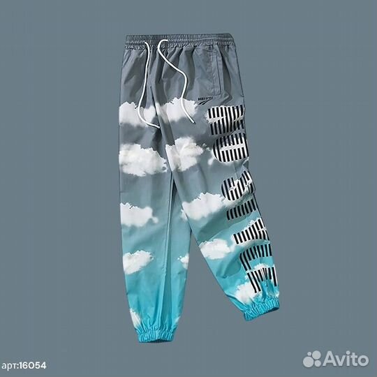 Спортивные штаны NO name серо голубые С принтом об
