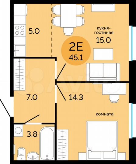 2-к. квартира, 45,1 м², 12/17 эт.