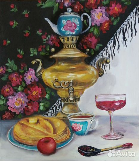 2 натюрморта с самоваром. Картина маслом 50х40