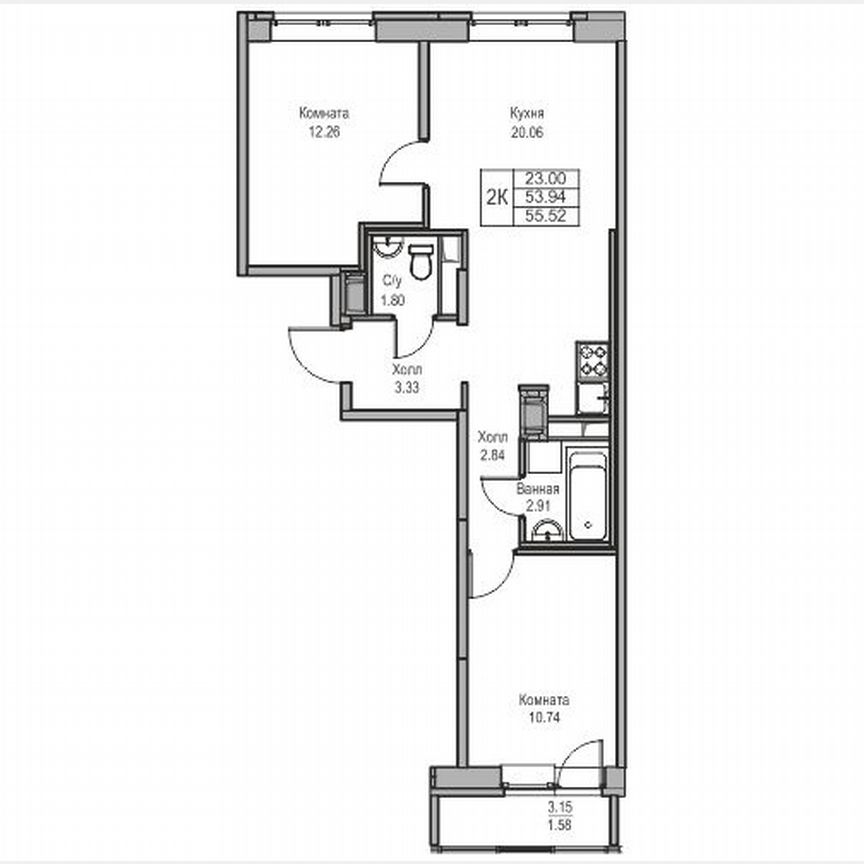 2-к. квартира, 55,5 м², 19/23 эт.