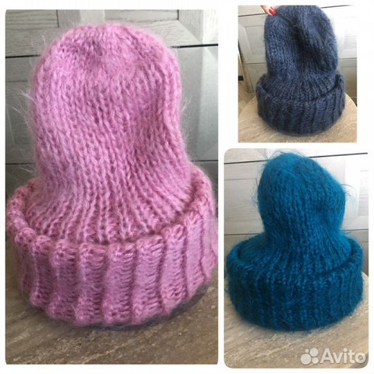 Шапка женская крупной вязки шерсть+мохер, пушистая