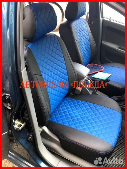 Чехлы Chevrolet Cruze из экокожи чёрно-синие Ромб