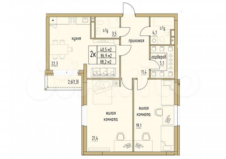 2-к. квартира, 88,2 м², 3/6 эт.