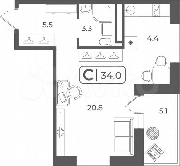 Квартира-студия, 33,9 м², 13/22 эт.