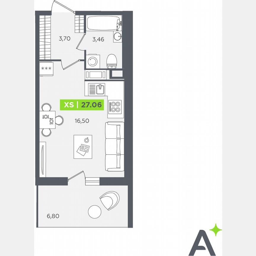 Квартира-студия, 27,1 м², 9/12 эт.