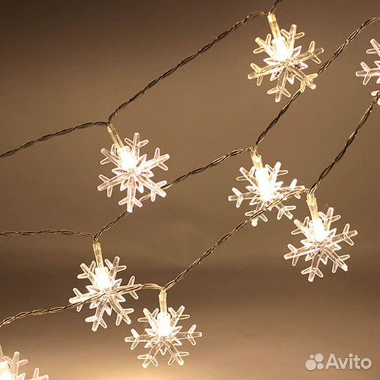 Новая гирлянда снежинки тёплая жёлтая Снежинка