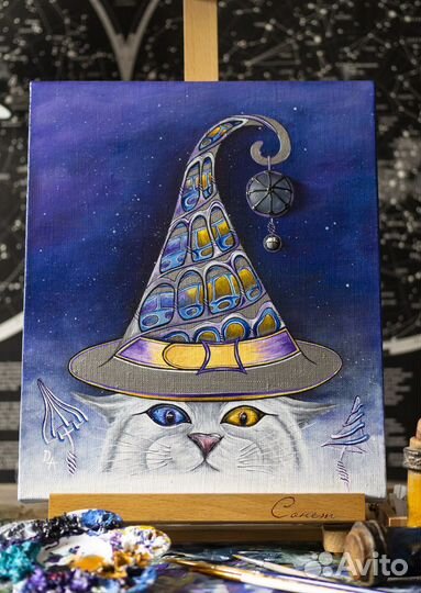 Картина кот в шляпе акрилом ручной работы 