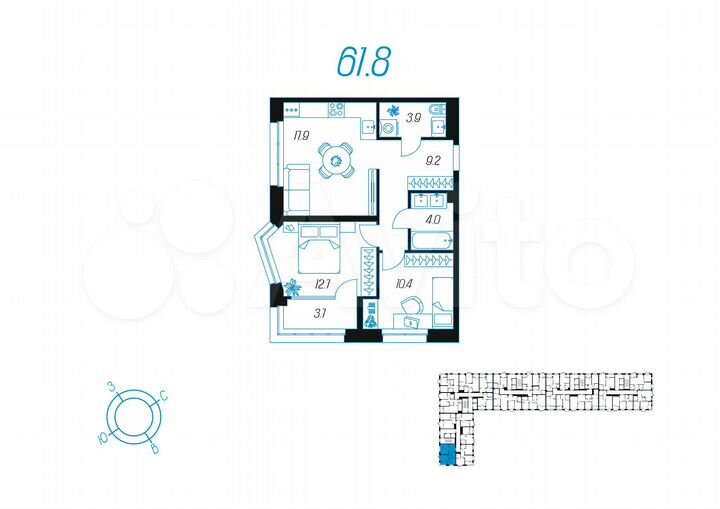 2-к. квартира, 61,8 м², 9/24 эт.