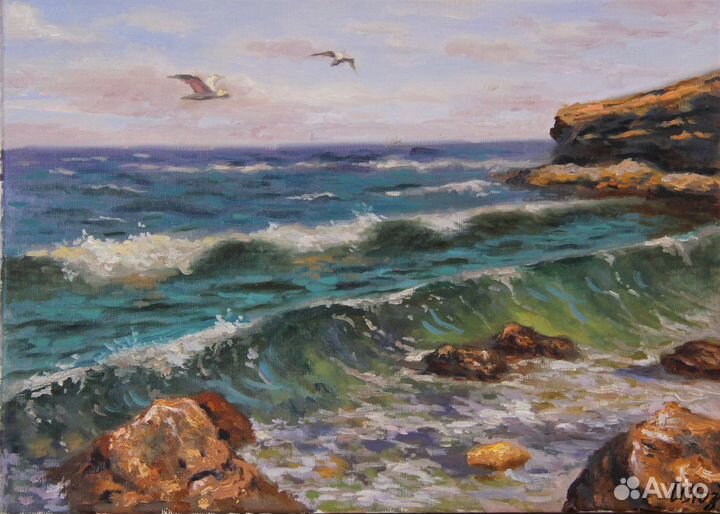 Картина маслом на холсте пейзаж Прозрачная волна
