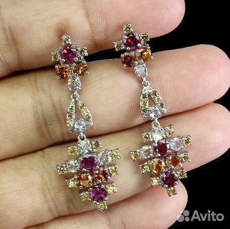 Серебряные серьги гран,аква,цитрин,сапф,танзанит