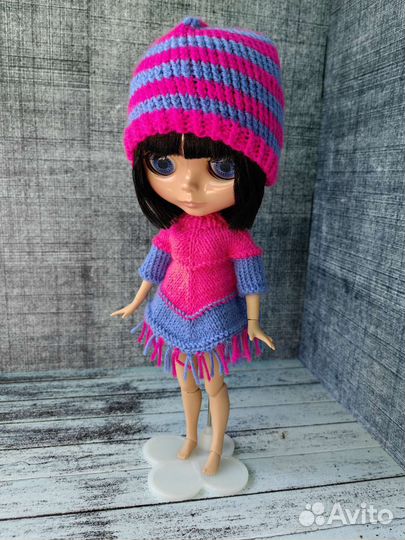 Вязаные пончо и шапка, одежда для куклы блайз