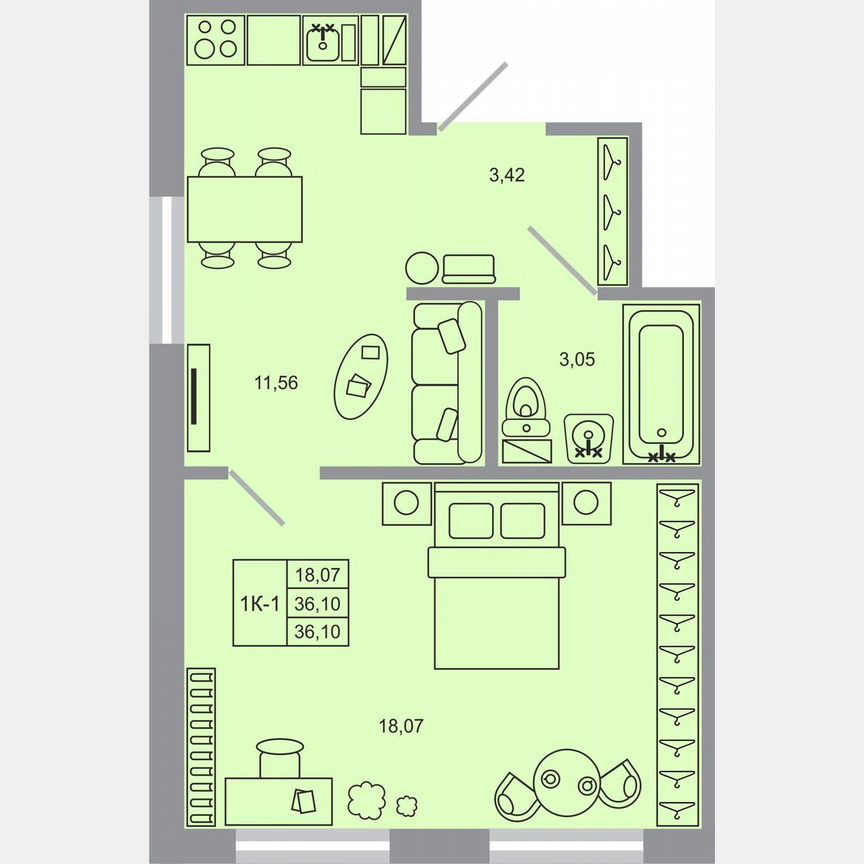 1-к. квартира, 36,1 м², 1/17 эт.