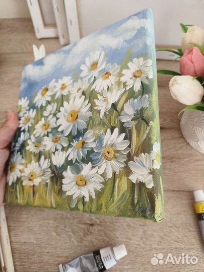 Картина Ромашки маслом на холсте 20х20 см
