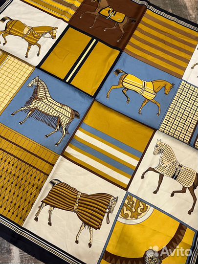 Шелковый платок шаль Hermes горчица и голубой