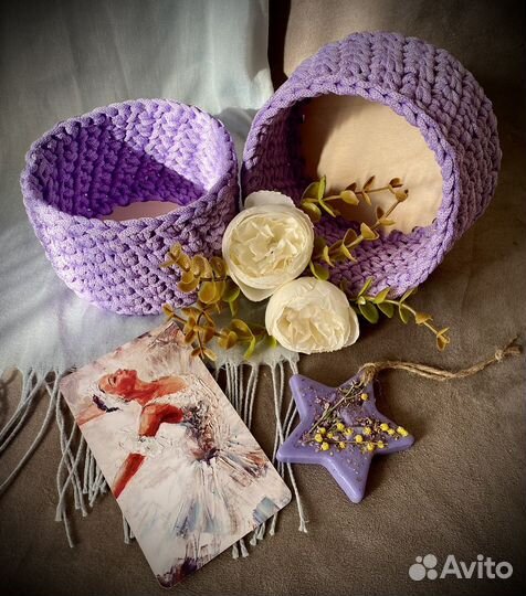 Интерьерная вязаная корзина/свеча в корзине